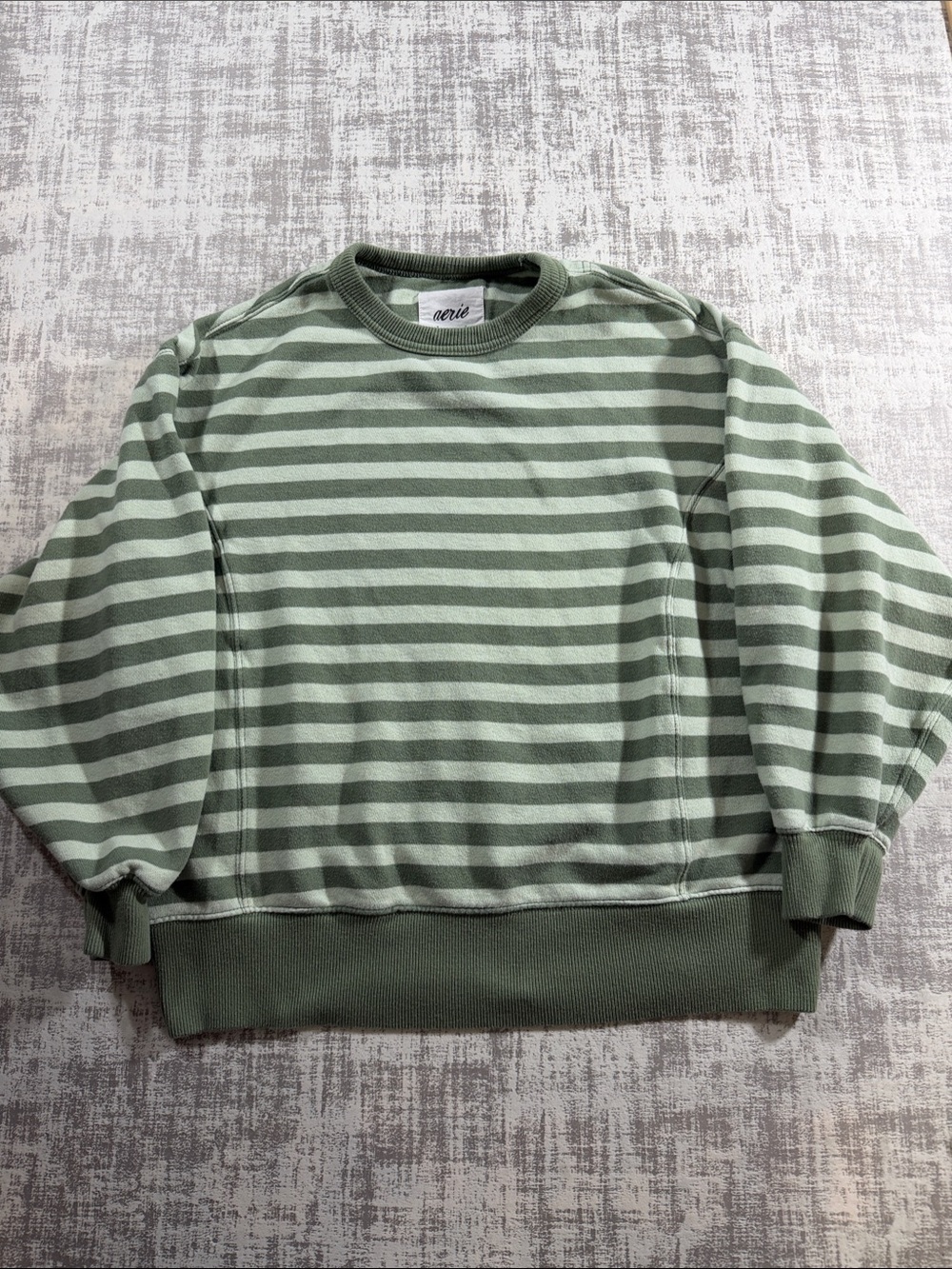 aerie womens Sage and Olive Striped Crewneck Sweater XXS/TTP 23.5X22.5 PTP